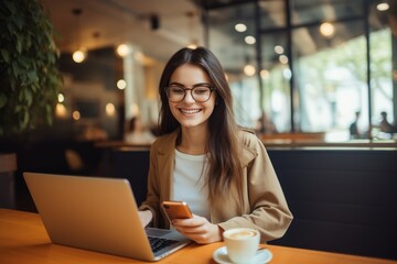 Happy female student sitting in a coffee shop, using a smartphone or business, online shopping, transfer money, financial, internet banking. in coffee shop cafe over blurred background.
