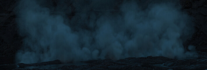 3d rendering of rocky environment with rising smoke at the end