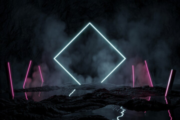 3D rendering of neon square rotated shape on the water surface and in a rocky environment