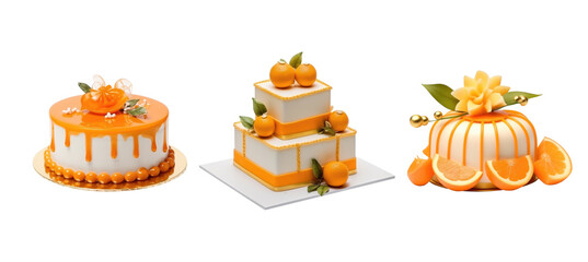 Set of orange cake isolated on transparent background,for birthday cake,dessert food concept and for presentation advertising.