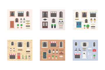 Collection of elements for house builders. Set includes doors, windows, lanterns, plants, signs. Exterior concept for house. Cartoon flat style. Vector illustration