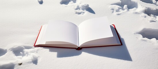 Empty pages of an opened notebook with a hard laminated cardboard cover clear snow white pages a red fabric bookmark and soft shadows create a snow white surface in natural light With copys - obrazy, fototapety, plakaty