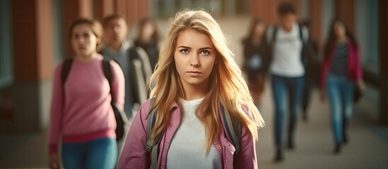 Fototapeta premium Female student looking behind while going to class in college Girl walking with friends heading to class in high school With copyspace for text
