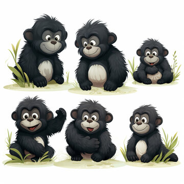 Monkey sitting on the grass with different emotions and expressions illustration.