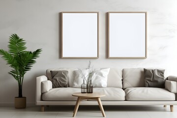 Poster mockup with vertical frame on empty minimal room in living room with industrial style interior, no text, white poster. Generative AI