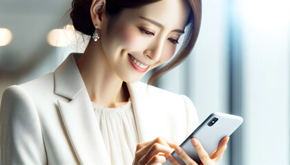 白のスーツを着ていてスマホを操作する笑顔がかわいい日本のビジネスウーマン - obrazy, fototapety, plakaty
