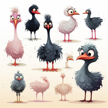 Set of emu birds isolated on white background. Vector illustration.