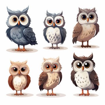 Owl cartoon character set. Cute blue and white owl vector illustration