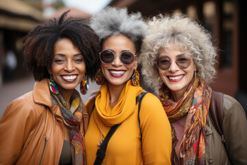 Happy multiracial trendy mature women having fun together outdoor at city street. Friendship lifestyle concept