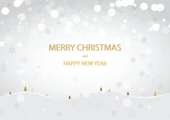 Christmas and New Year background decoration with gray & white falling snowflakes and lights, Vector illustration