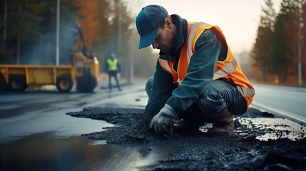 A man in a safety vest working on a road construction site - obrazy, fototapety, plakaty