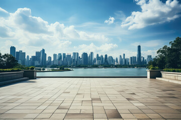 Obraz premium Panoramic view of empty square floor and city skyline with modern buildings