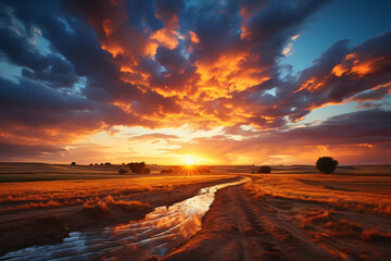 Fototapeta na wymiar Dirt road in the field at sunset. Landscape with dramatic sky