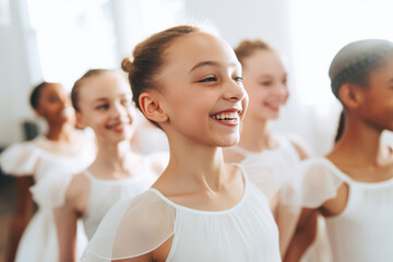 Group of happy smiling girls on ballet class, dancing and rehearsing choreographed dance routine - obrazy, fototapety, plakaty