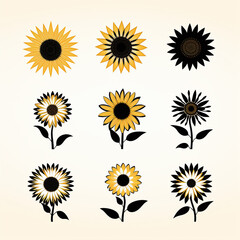 Sunflower icon set. Black and white vector illustration. Isolated on white background.