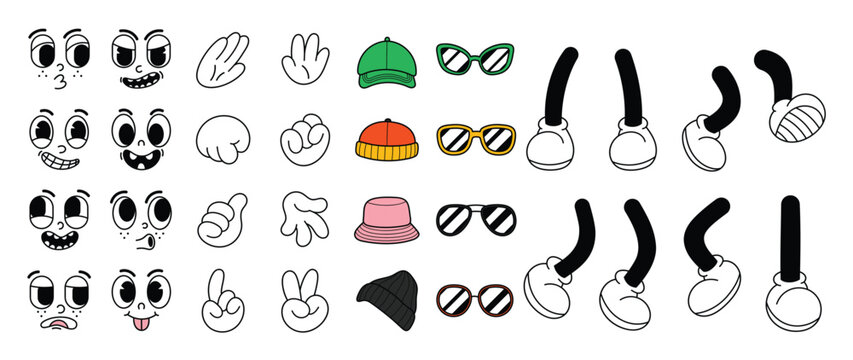Set of 70s groovy comic vector. Collection of cartoon character faces in different emotions, hand, glove, glasses, hat, shoes. Cute retro groovy hippie illustration for decorative, sticker.