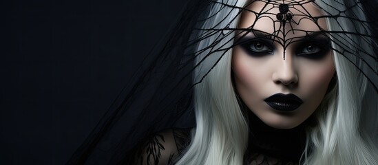 Ethereal Gothic woman with pale skin long white hair and a dark spider like aesthetic With copyspace for text - obrazy, fototapety, plakaty