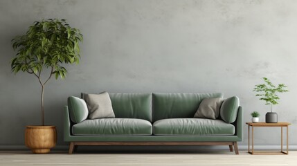 Dark green sofa and grey pouf against white wall with big art poster frame. Scandinavian home interior design of modern living room.