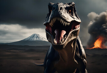 Dinosaur Tyrannosaurus Rex in front of a fire-breathing volcano