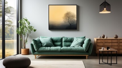 Fototapeta na wymiar Dark green sofa and grey pouf against white wall with big art poster frame. Scandinavian home interior design of modern living room.