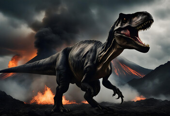Dinosaur Tyrannosaurus Rex in front of a fire-breathing volcano
