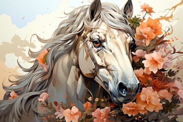 Obraz na płótnie Canvas Horse with Floral Details Digital Painting