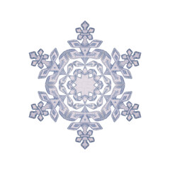 Hand drawn watercolor blue and silver snowflakes, water ice crystal frozen in winter. Illustration, single object isolated on white background. Design for holiday poster, print, website, card, booklet