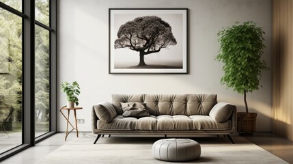 Dark green sofa and grey pouf against white wall with big art poster frame. Scandinavian home interior design of modern living room.