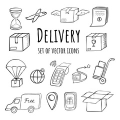 Set of hand-drawn delivery icons. Contains such Icons as box, transportation, time, online checkout, map, package and other icons2.