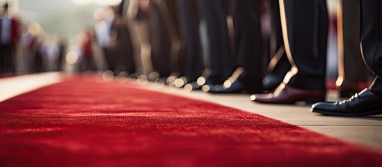 Close up photo of people s feet on the red carpet With copyspace for text