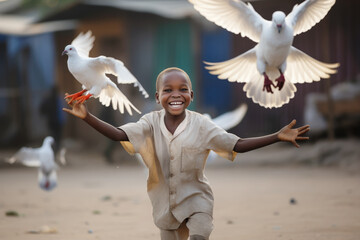 Young smiling African boy realising a white doves to fly in the air, symbol of freedom and peace. Peace in the world concept. - obrazy, fototapety, plakaty