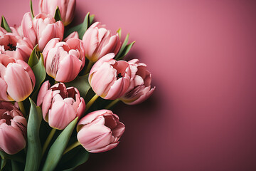 Obraz premium Bouquet of pink tulips on pink background. Flat lay, top view, copy space