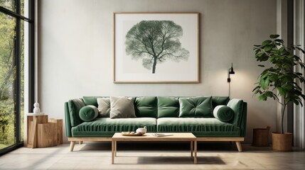 Dark green sofa and grey pouf against white wall with big art poster frame. Scandinavian home interior design of modern living room.