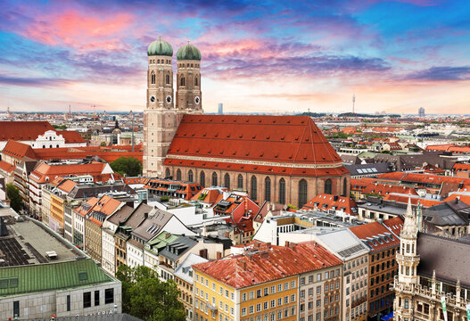 Munich city downtown skyline with Marienplatz town hall in Germany at sunrise