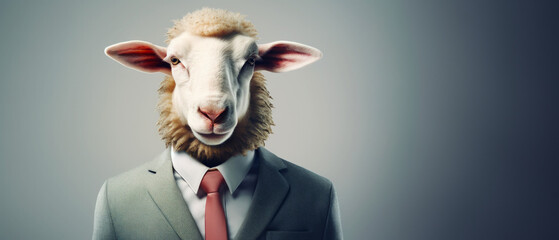 Sheep in business suit. Sheeple and unfulfilling work concept, with copy space. - obrazy, fototapety, plakaty