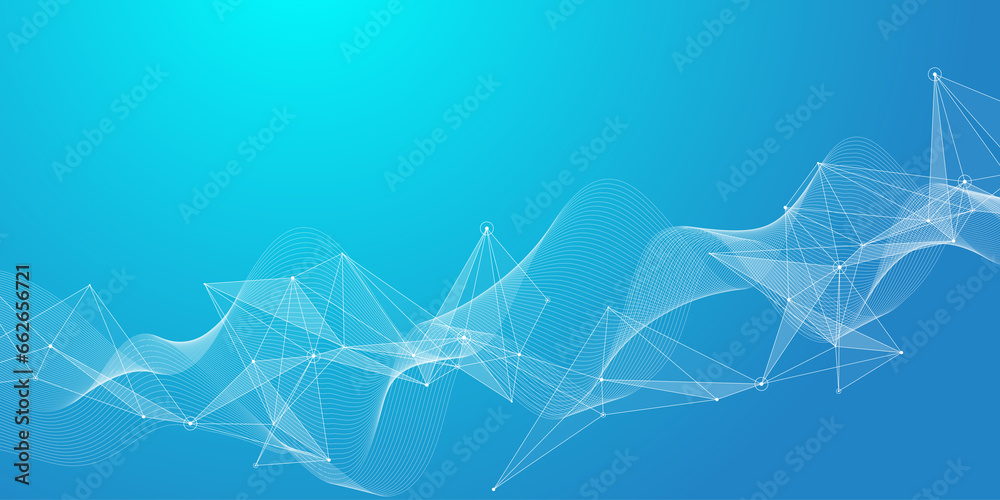 Poster Digits abstract background with connected line and dots, wave flow. Digital neural networks. Network and connection background for your presentation. Graphic polygonal background illustration.