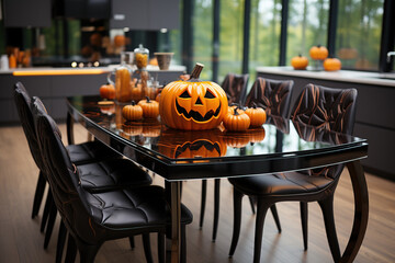 Halloween is a fun traditional holiday. Interior design with pumpkin in orange colors.