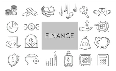Naklejka premium Finance. Vector set of icons in doodle style. Cash, cryptocurrency, gold, investments.