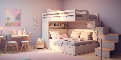 AI Generated. AI Generative. Sofr pink colors girls bedroom. Cozy indoor room decoration. Graphic Art