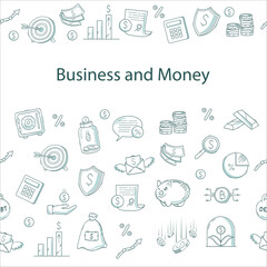 Finance and business doodle line icons collection. Money, cryptocurrency, dollar, piggy bank, contract, etc. Vector seamless pattern on a white background.