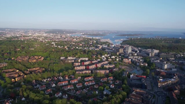 Drone Shot of Oslo Norway Residential Suburbs With Fjord and Downtown in Back
