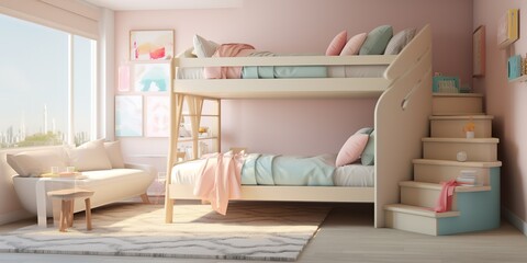 AI Generated. AI Generative. Sofr pink colors girls bedroom. Cozy indoor room decoration. Architecture modern design inspiration