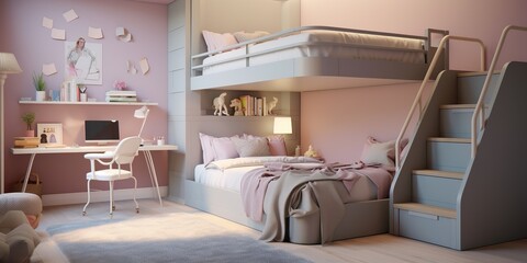 AI Generated. AI Generative. Sofr pink colors girls bedroom. Cozy indoor room decoration. Architecture modern design inspiration