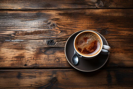 Coffee cup on wooden table with surrounding wood grain and texture. Dark brown wooden wall background