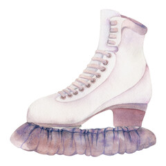 Hand drawn watercolor figure skating boots, guards and soakers, winter sports footwear. Illustration isolated object, white background. Design poster, print, website, card, invitation, shop brochure