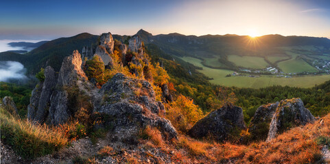 Panorama of mountains in the Sulov rocks Nature Reserves in the autumn in Slovakia, Europe - obrazy, fototapety, plakaty