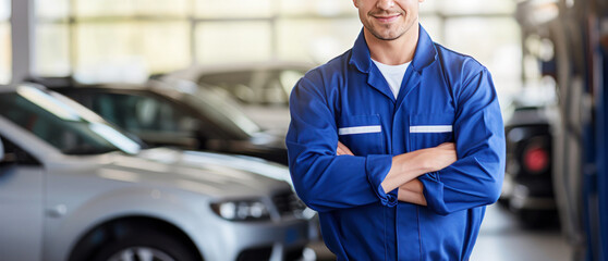 smiling auto mechanic in blue uniform standing with arms crossed on modern car repair shop garage background. banner with copy space - obrazy, fototapety, plakaty