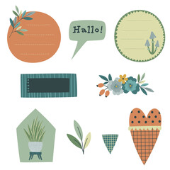 Bullet journal blank papers. Inscription "Hallo" in German, means "Hello" in English. Floral sticky notes for organizing and planning. Stickers for bullet journal and planner. 