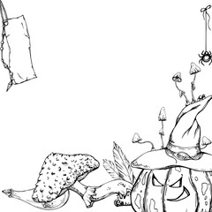 Hand drawn ink vector witch altar carved pumpkin, mushroom isolated square frame. Sketch illustration art Halloween, witchcraft, occult, alchemy. Design shops, logo, print, website, card, booklet