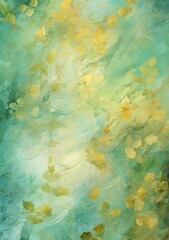 Fototapeta na wymiar his dreamy tempera art decoupage background, drenched in soft green and gold, evokes a sense of romantic fantasy, creating an enchanting and whimsical mood with an elegant touch of the surreal.
